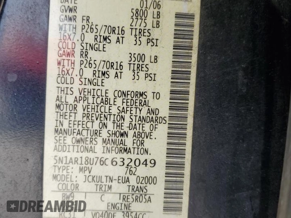 2006 Nissan Pathfinder SE z VIN 5N1AR18U76C632049, wystawiony jako Copart lot #60133885 z przebiegiem 190 092 mil mil oraz Szkoda całkowita • Salvage title. Historia ofert i sprzedaży dostępna na DreamBid. Obrazek 13.