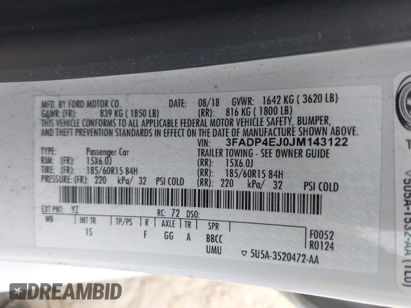 2018 Ford Fiesta SE with VIN 3FADP4EJ0JM143122, listed as a IAAI auction lot 42128666 with 146,747 mi miles and . Bid and sale history available at DreamBid. Image 9.