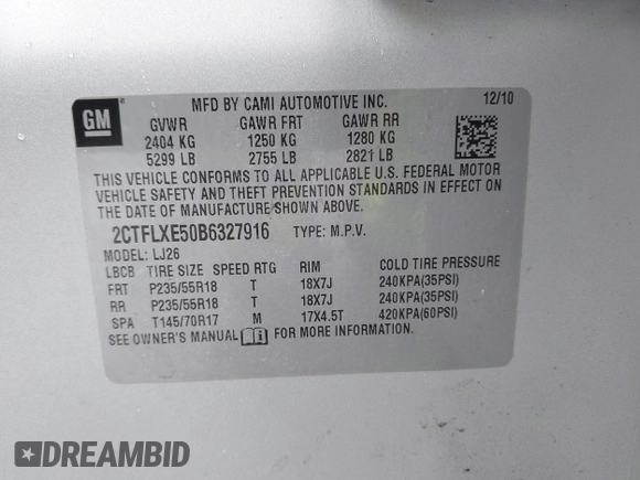 2011 GMC Terrain SLT-2 with VIN 2CTFLXE50B6327916, listed as a IAAI auction lot 42279238 with 89,545 mi miles and . Bid and sale history available at DreamBid. Image 9.