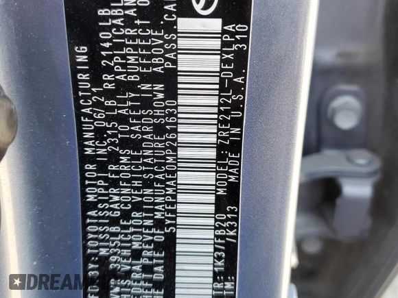 2021 Toyota Corolla LE with VIN 5YFEPMAE0MP261630, listed as a Copart auction lot 54869355 with 65,642 mi miles and Salvage Title. Bid and sale history available at DreamBid. Image 13.