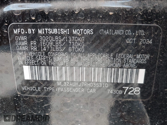 2024 Mitsubishi Mirage ES z VIN ML32AUHJ7RH035310, wystawiony jako IAAI lot #42521891 z przebiegiem 5 393 mil mil oraz . Historia ofert i sprzedaży dostępna na DreamBid. Obrazek 9.