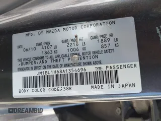 2010 Mazda 3 S Sport with VIN JM1BL1H68A1354696, listed as a IAAI auction lot 42255522 with 218,310 mi miles and . Bid and sale history available at DreamBid. Image 9.