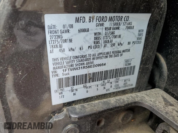 2008 Ford F-350 XL z VIN 1FTWW31R58ED09954, wystawiony jako Copart lot #60859105 z przebiegiem 248 436 mil mil oraz Czysty tytuł • Clean title. Historia ofert i sprzedaży dostępna na DreamBid. Obrazek 12.