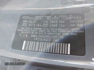 2022 Hyundai Elantra SEL with VIN KMHLS4AG9NU288770, listed as a IAAI auction lot 41688502 with 19,022 mi miles and . Bid and sale history available at DreamBid. Image 9.