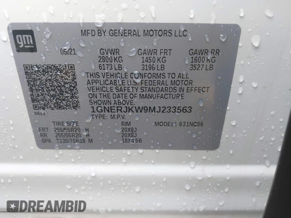 2021 Chevrolet Traverse RS with VIN 1GNERJKW9MJ233563, listed as a IAAI auction lot 42505578 with 57,999 mi miles and . Bid and sale history available at DreamBid. Image 9.