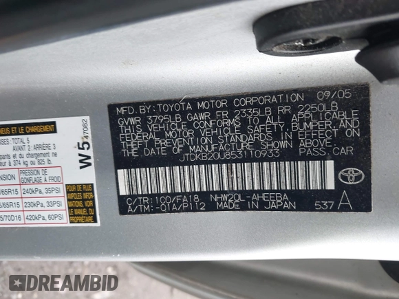 2005 Toyota Prius with VIN JTDKB20U853110933, listed as a IAAI auction lot 42049592 with 158,217 mi miles. Bid and sale history available at carsss.com. Image 9.
