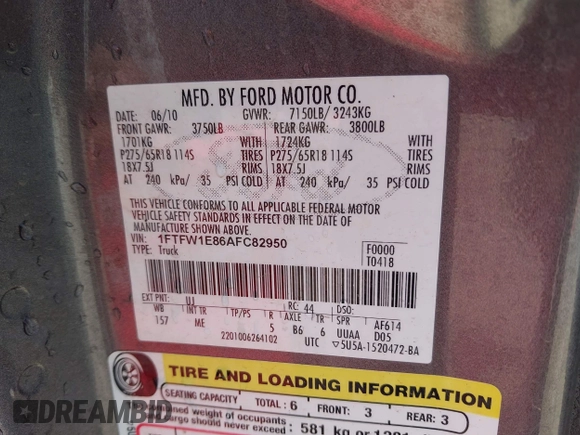 2010 Ford F-150 XL с VIN 1FTFW1E86AFC82950, выставлен на аукционе IAAI как лот 42365747 с пробегом 140 833 миль миль и . История ставок и продаж доступна на DreamBid. Изображение 9.