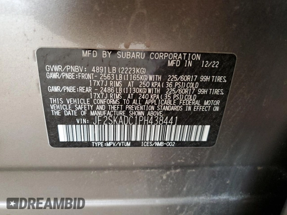 2023 Subaru Forester Premium с VIN JF2SKADC1PH438441, выставлен на аукционе Copart как лот 56171225 с пробегом 24 923 миль миль и Списание • Salvage title. История ставок и продаж доступна на DreamBid. Изображение 12.