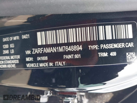2021 Alfa Romeo Giulia z VIN ZARFAMAN1M7648894, wystawiony jako IAAI lot #41589364 z przebiegiem 22 381 mil mil oraz . Historia ofert i sprzedaży dostępna na DreamBid. Obrazek 9.
