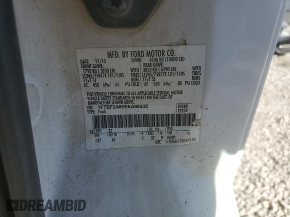 2014 Ford F-250 XL with VIN 1FTBF2A60EEA98432, listed as a Copart auction lot 88311635 with 320,415 mi miles and Salvage title. Bid and sale history available at DreamBid. Image 12.