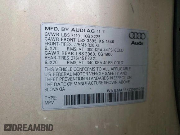 2012 Audi Q7 3.0L TDI Premium Plus with VIN WA1LMAFEXCD005076, listed as a Copart auction lot 50195535 with 248,501 mi miles and Salvage Title. Bid and sale history available at carsss.com. Image 13.
