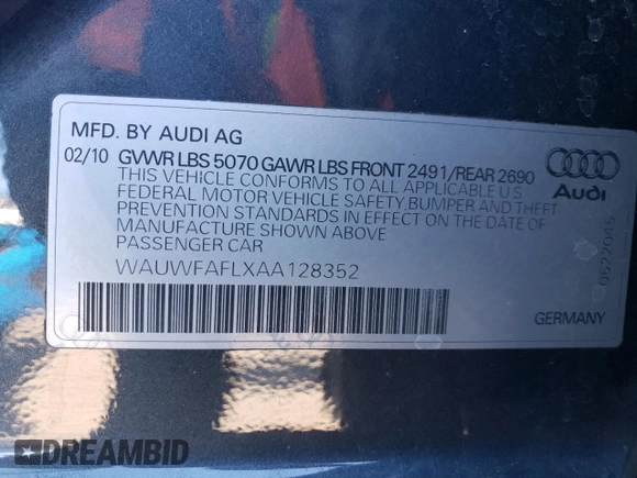 2010 Audi A4 2.0T Premium Plus with VIN WAUWFAFLXAA128352, listed as a Copart auction lot 42110235 with 103,598 mi miles and Salvage Title. Bid and sale history available at carsss.com. Image 14.