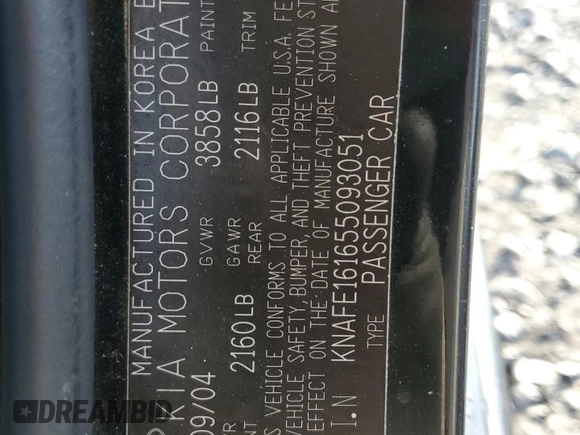 2005 Kia Spectra with VIN KNAFE161655093051, listed as a Copart auction lot 77821904 with 104,874 mi miles and Salvage Title. Bid and sale history available at carsss.com. Image 14.