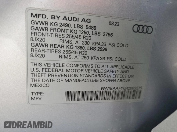 2024 Audi Q5 S line Premium Plus with VIN WA1EAAFY6R2003275, listed as a Copart auction lot 57482135 with 13,350 mi miles and Salvage title. Bid and sale history available at DreamBid. Image 13.