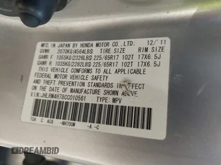2012 Honda CR-V EX-L with VIN JHLRM4H78CC010561, listed as a IAAI auction lot 42360814 with 260,615 mi miles and . Bid and sale history available at DreamBid. Image 9.