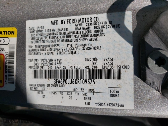 2019 Ford Fusion Hybrid SE with VIN 3FA6P0LU6KR109575, listed as a Copart auction lot 53503985 with 68,479 mi miles and Clean Title. Bid and sale history available at carsss.com. Image 12.