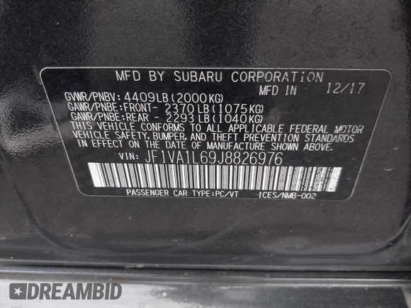 2018 Subaru WRX Limited with VIN JF1VA1L69J8826976, listed as a IAAI auction lot 41117370 with 118,587 mi miles. Bid and sale history available at carsss.com. Image 9.