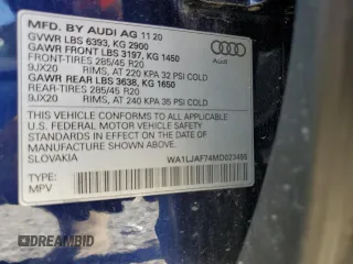 2021 Audi Q7 Premium Plus with VIN WA1LJAF74MD023455, listed as a Copart auction lot 72613464 with 56,968 mi miles and Salvage title. Bid and sale history available at DreamBid. Image 14.