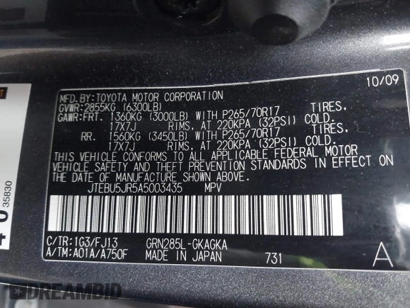 2010 Toyota 4Runner Trail with VIN JTEBU5JR5A5003435, listed as a IAAI auction lot 41560158 with 331,533 mi miles and . Bid and sale history available at DreamBid. Image 9.