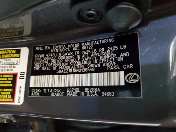 2022 Lexus ES with VIN 58AEZ1B18NU136548, listed as a Copart auction lot 51935964 with 0 mi miles. Bid and sale history available at carsss.com. Image 14.