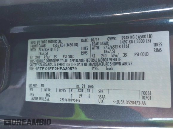 2017 Ford F-150 XL with VIN 1FTEX1EP2HFA30879, listed as a IAAI auction lot 41027941 with 54,480 mi miles. Bid and sale history available at carsss.com. Image 9.