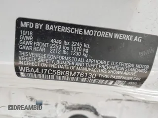 2019 BMW 4 Series 440i xDrive with VIN WBA4J7C58KBM76130, listed as a IAAI auction lot 41885173 with 43,690 mi miles and . Bid and sale history available at carsss.com. Image 9.