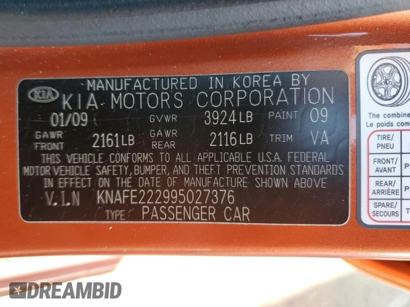 2009 Kia Spectra EX with VIN KNAFE222995027376, listed as a Copart auction lot 52406025 with 73,692 mi miles and Salvage Title. Bid and sale history available at DreamBid. Image 12.