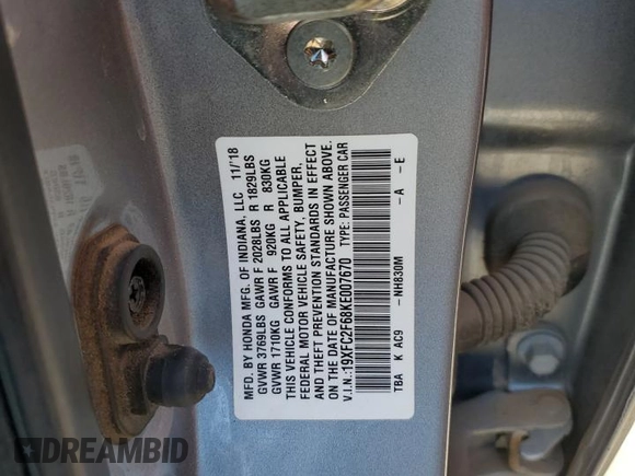 2019 Honda Civic Sedan LX with VIN 19XFC2F68KE007670, listed as a Copart auction lot 48559845 with 0 mi miles and Salvage Title. Bid and sale history available at carsss.com. Image 12.
