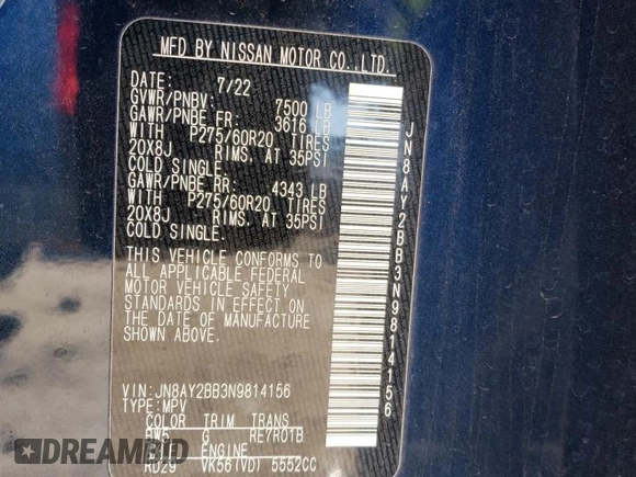 2022 Nissan Armada SL with VIN JN8AY2BB3N9814156, listed as a Copart auction lot 79773334 with 62,860 mi miles and Salvage Title. Bid and sale history available at carsss.com. Image 13.