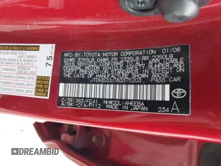 2008 Toyota Prius with VIN JTDKB20U783375203, listed as a IAAI auction lot 42195161 with 130,765 mi miles and . Bid and sale history available at DreamBid. Image 9.