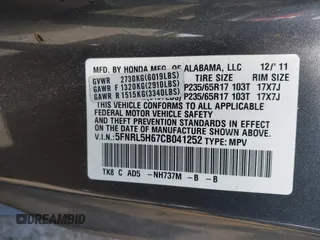 2012 Honda Odyssey EX-L with VIN 5FNRL5H67CB041252, listed as a IAAI auction lot 42158494 with 152,940 mi miles and . Bid and sale history available at DreamBid. Image 9.