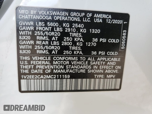 2021 Volkswagen Atlas SEL with VIN 1V2EE2CA2MC211159, listed as a Copart auction lot 87508525 with 44,127 mi miles and Salvage title. Bid and sale history available at DreamBid. Image 13.
