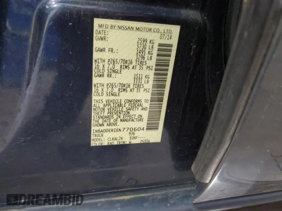 2014 Nissan Frontier SV with VIN 1N6AD0ER1EN770604, listed as a Copart auction lot 52885885 with 130,971 mi miles and Salvage Title. Bid and sale history available at DreamBid. Image 12.