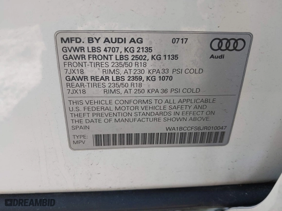 2018 Audi Q3 Premium with VIN WA1BCCFS6JR010047, listed as a IAAI auction lot 41795209 with 99,609 mi miles. Bid and sale history available at carsss.com. Image 9.