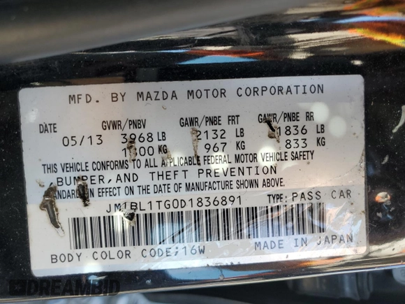 2013 Mazda 3 i SV with VIN JM1BL1TG0D1836891, listed as a Copart auction lot 54193525 with 124,049 mi miles and Salvage title. Bid and sale history available at DreamBid. Image 12.