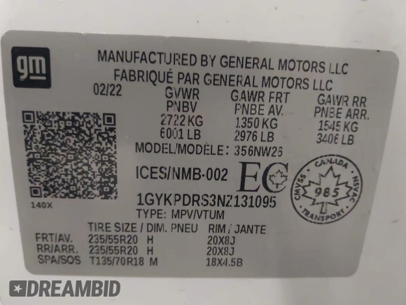 2022 Cadillac XT6 Premium Luxury with VIN 1GYKPDRS3NZ131095, listed as a IAAI auction lot 42087620 with 36,740 mi miles and . Bid and sale history available at DreamBid. Image 9.