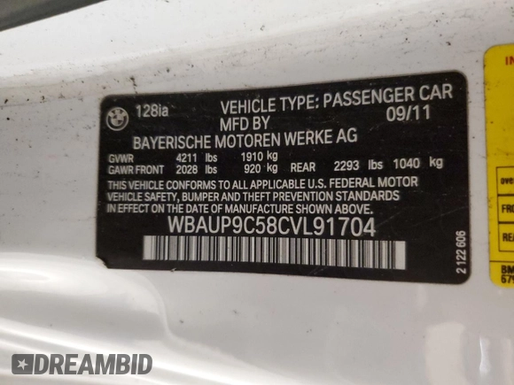2012 BMW 1 Series 128i with VIN WBAUP9C58CVL91704, listed as a Copart auction lot 51833175 with 88,129 mi miles and Clean title. Bid and sale history available at DreamBid. Image 12.