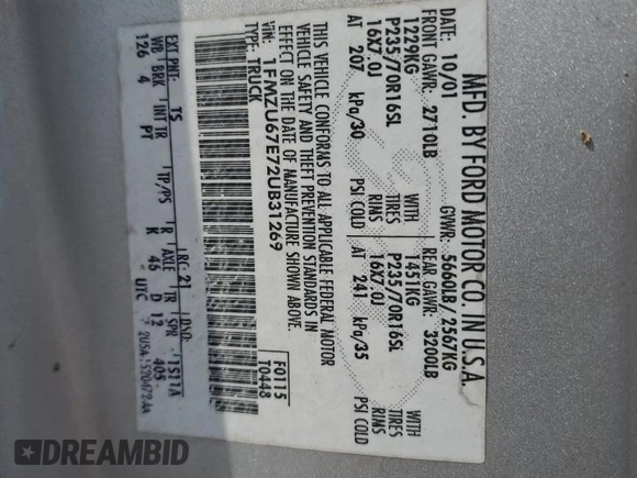 2002 Ford Explorer Sport Trac Value with VIN 1FMZU67E72UB31269, listed as a Copart auction lot 54994265 with 237,124 mi miles and Salvage title. Bid and sale history available at DreamBid. Image 12.