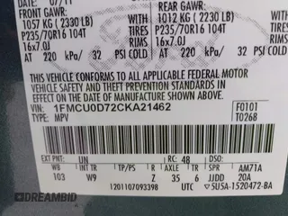 2012 Ford Escape XLT with VIN 1FMCU0D72CKA21462, listed as a IAAI auction lot 42152079 with 176,223 mi miles and . Bid and sale history available at DreamBid. Image 9.