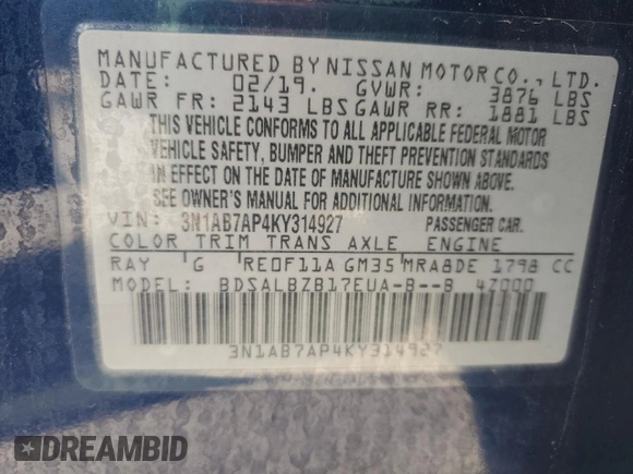 2019 Nissan Sentra S with VIN 3N1AB7AP4KY314927, listed as a Copart auction lot 63411785 with 45,658 mi miles and Non repairable. Bid and sale history available at DreamBid. Image 13.