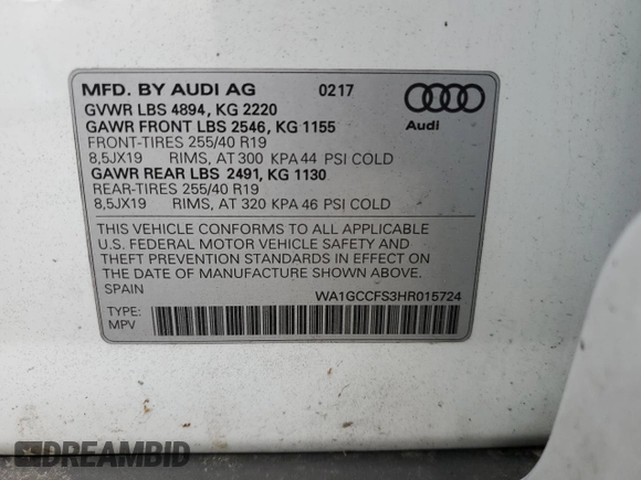2017 Audi Q3 Prestige with VIN WA1GCCFS3HR015724, listed as a Copart auction lot 79187854 with 0 mi miles and Salvage Title. Bid and sale history available at carsss.com. Image 15.