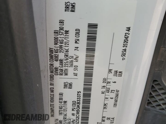 2016 Ford Transit XL с VIN 1FDZX2CM5GKB33375, выставлен на аукционе Copart как лот 47029055 с пробегом 116 001 миль миль и Чистый • Clean title. История ставок и продаж доступна на DreamBid. Изображение 14.