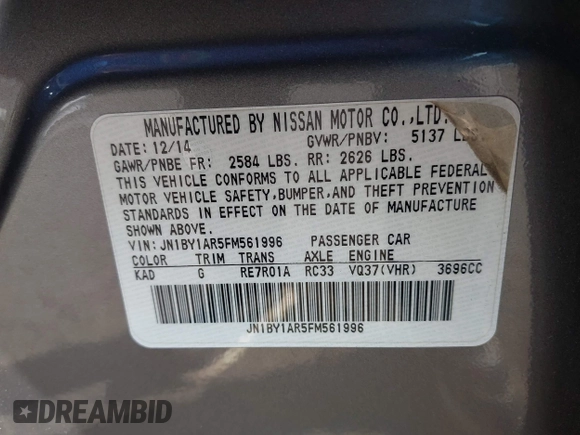 2015 Infiniti Q70 z VIN JN1BY1AR5FM561996, wystawiony jako IAAI lot #42099091 z przebiegiem 115 080 mil mil oraz . Historia ofert i sprzedaży dostępna na DreamBid. Obrazek 9.