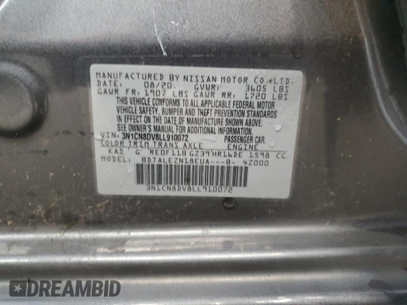2020 Nissan Versa S with VIN 3N1CN8DV8LL910072, listed as a Copart auction lot 63981945 with 124,955 mi miles and Clean title. Bid and sale history available at DreamBid. Image 12.