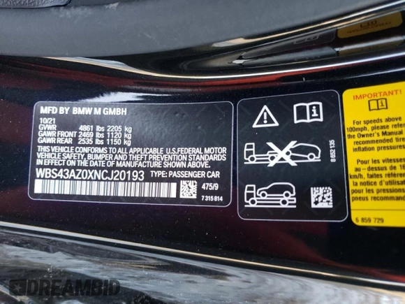 2022 BMW M4 Competition xDrive with VIN WBS43AZ0XNCJ20193, listed as a Copart auction lot 72591002 with 0 mi miles. Bid and sale history available at carsss.com. Image 12.