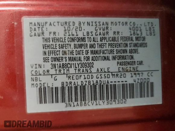 2020 Nissan Sentra SV with VIN 3N1AB8CV1LY309302, listed as a Copart auction lot 49122345 with Not Provided miles and Salvage Title. Bid and sale history available at DreamBid. Image 12.