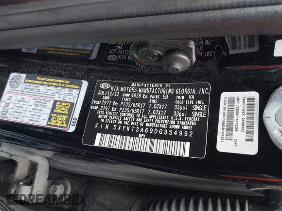 2013 Kia Sorento LX z VIN 5XYKT3A69DG354992, wystawiony jako IAAI lot #41538447 z przebiegiem 178 027 mil mil oraz . Historia ofert i sprzedaży dostępna na DreamBid. Obrazek 9.