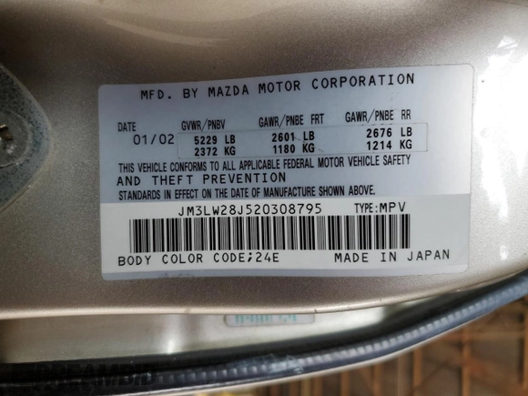 2002 Mazda MPV LX with VIN JM3LW28J520308795, listed as a Copart auction lot 50701835 with 181,086 mi miles and Salvage title. Bid and sale history available at DreamBid. Image 13.
