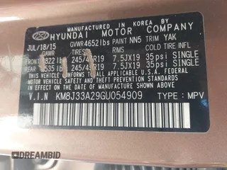 2016 Hyundai Tucson Sport with VIN KM8J33A29GU054909, listed as a IAAI auction lot 41835688 with 90,751 mi miles. Bid and sale history available at carsss.com. Image 9.