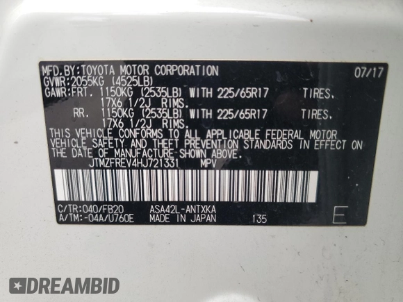 2017 Toyota RAV4 LE z VIN JTMZFREV4HJ721331, wystawiony jako Copart lot #58829225 z przebiegiem 24 880 mil mil oraz Szkoda całkowita • Salvage title. Historia ofert i sprzedaży dostępna na DreamBid. Obrazek 14.